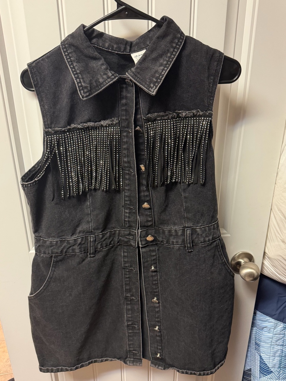Sleeveless Black Denim Button-Front Dress with Beaded Fringe